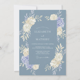 Invitation Mariage Fleur Tranquille Bleu Poussiéreux
