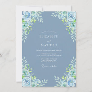 Invitation Mariage Fleur Verdoyante Bleu Ardoise