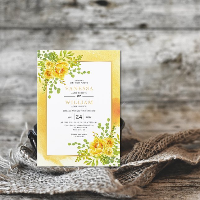Invitation Mariage fleuri à fleurs d'aquarelle jaune (Créateur téléchargé)
