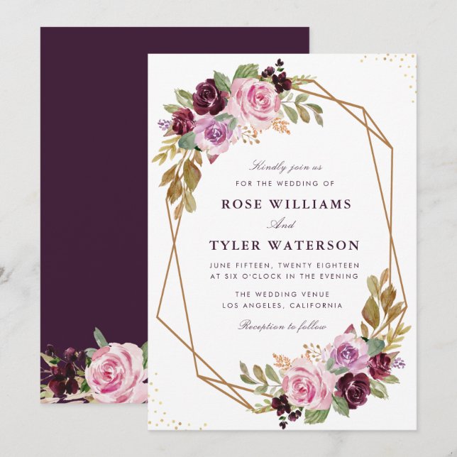 Invitation mariage fleuri à l'aquarelle violette élégant (Devant / Derrière)