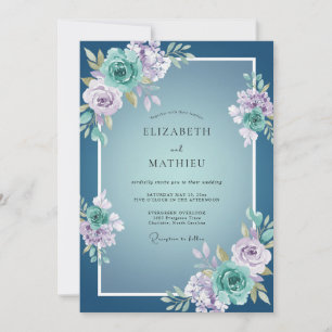 Invitation Mariage fleuri bleu poussiéreux florissant