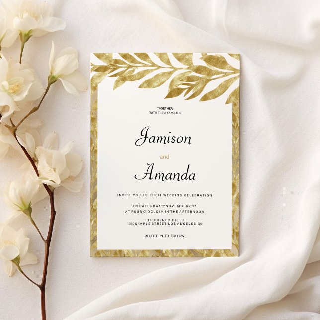 Invitation Mariage fleuri feuille d'or blanc (White gold leaves elegance floral Wedding )