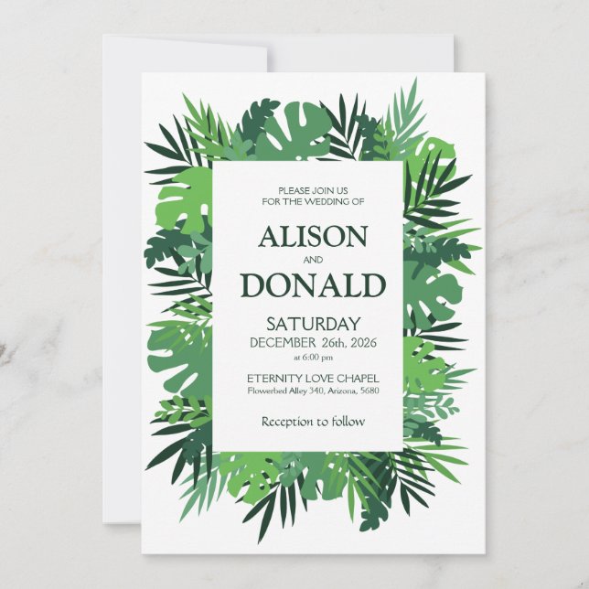 Invitation Mariage fleuri feuille tropical (Devant)