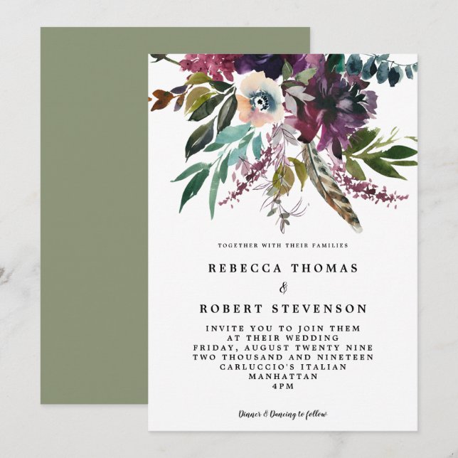 Invitation mariage fleuri fleuri à plumes pourpres boho (Devant / Derrière)