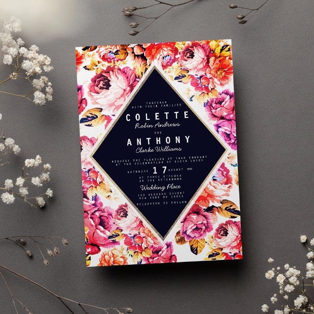 Invitation Mariage fleuri rose rose bohème (Bohemian pink orange roses floral wedding)