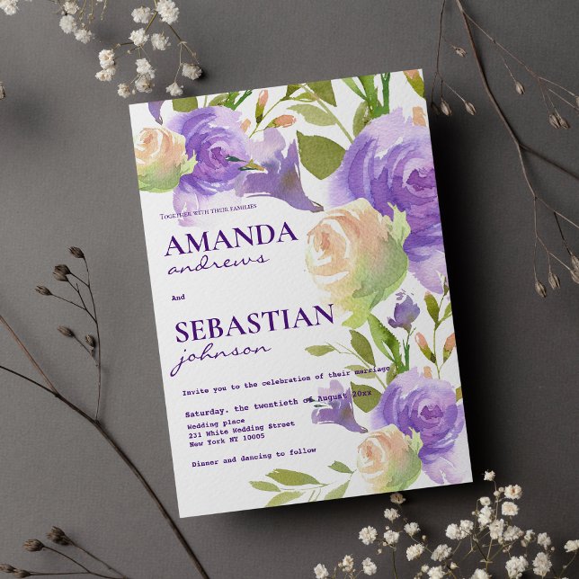 Invitation Mariage fleuri vert menthe rose lavande botanique (Botanical lavender pink mint green floral wedding)