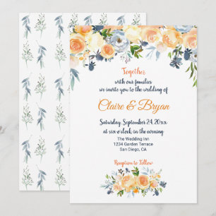 Invitation Mariage Fleurie Aquarelle Bleu Marine et Corail