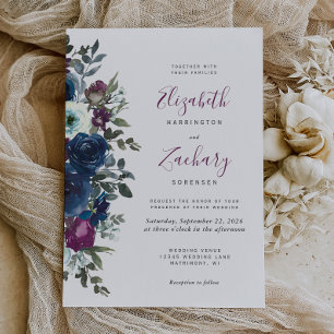 Invitation Mariage Fleurie Aquarelle Bleu Nuit prune