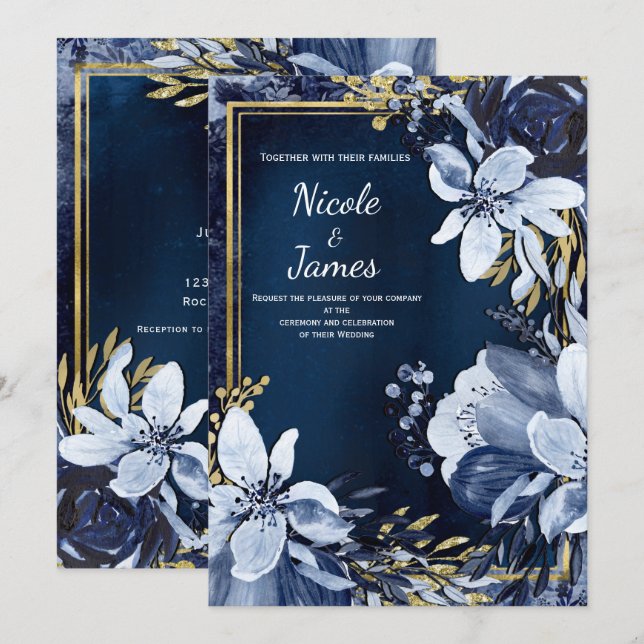 Invitation Mariage Fleurie Aquarelle Moderne Bleu Nuit & Or (Devant / Derrière)