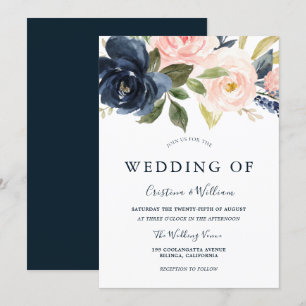 Invitation Mariage Fleurie Aquarelle Rose Pâle Bleu Marine