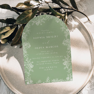 Invitation Mariage Fleurie Blanche Vert Sauge Vintage
