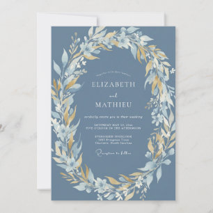 Invitation Mariage Fleurie Bleu Acier Doré