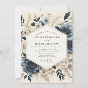 Invitation Mariage Fleurie Bleu Ardoise Assourdi