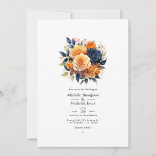 Invitation Mariage Fleurie Bleu Marine et Orange