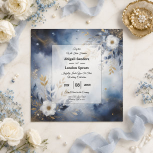 Invitation Mariage Fleurie Bleu Nuit et Or