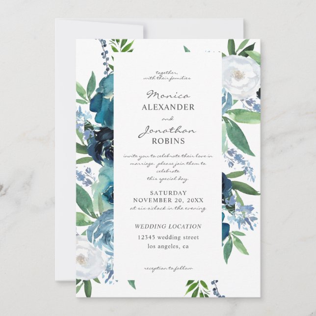 Invitation Mariage Fleurie Bleu Poussiéreux 2 (Devant)