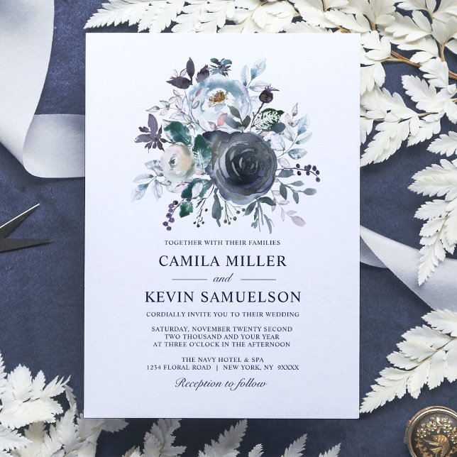 Invitation Mariage Fleurie Bleu Poussiéreux et Marine Aquarel (Créateur téléchargé)