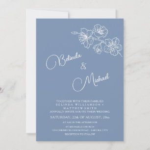 Invitation Mariage Fleurie Bleu Poussiéreux Profond Blanc
