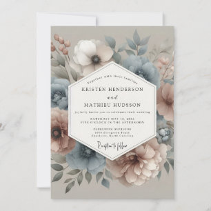 Invitation Mariage Fleurie Brouillard Teinté de Bleu Ardoise