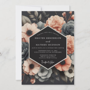 Invitation Mariage Fleurie Charbon & Corail aux Tons Assourdi