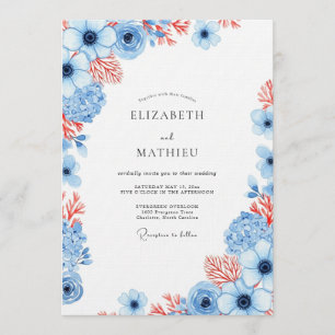 Invitation Mariage Fleurie Corail Bleu Poussiéreux