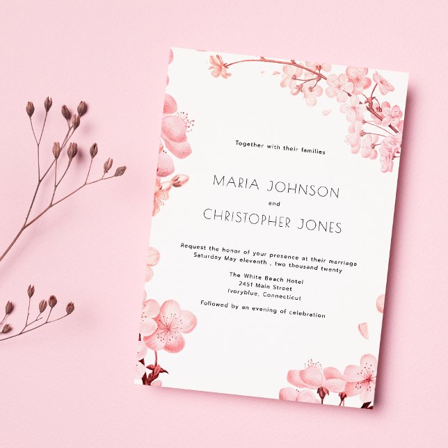 Invitation Mariage fleurie de cerisier rose simple (Simple pink cherry blossom floral Wedding)