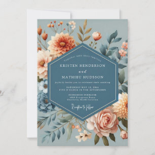 Invitation Mariage Fleurie de Corail Bleu Ardoise