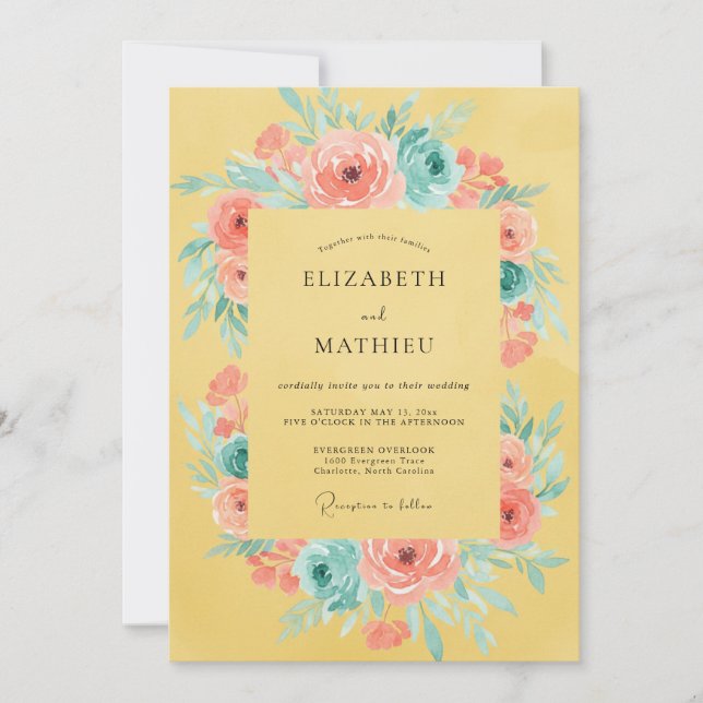 Invitation Mariage Fleurie de Rose Jaune (Devant)