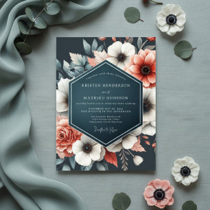 Invitation Mariage Fleurie de Teinte Bleu Vert Profond
