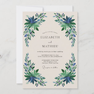 Invitation Mariage Fleurie Émeraude Bleu