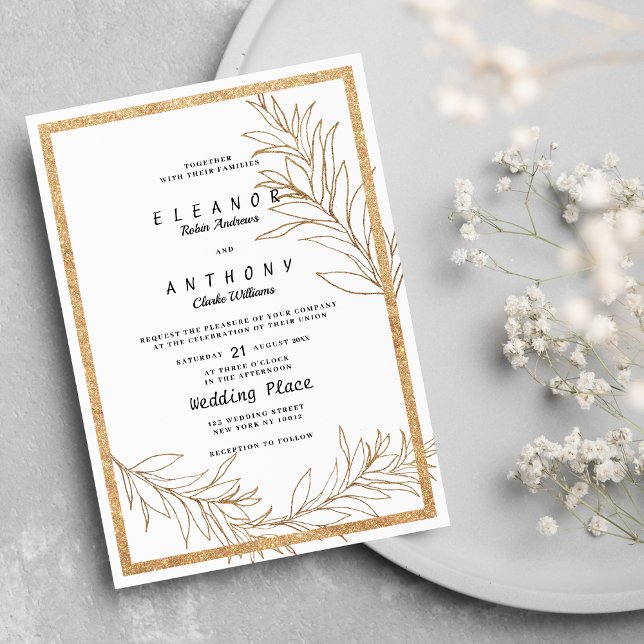 Invitation Mariage fleurie en feuille de parties scintillant  (Luxury white and gold glitter leaf floral Wedding )