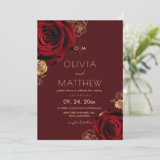 Invitation Mariage Fleurie Moderne Rouge & Or Bourgogne
