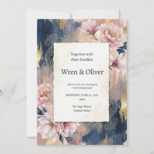 Invitation Mariage Fleurie Navy et Pêche