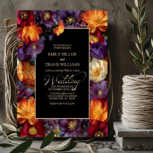 Invitation Mariage Fleurie Noir Violet et Orange