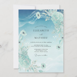Invitation Mariage Fleurie Peinte en Cyan