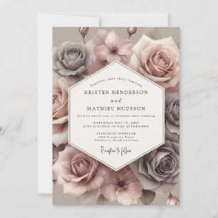Invitation Mariage Fleurie Rose Poussiéreuse Assourdie