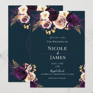 Invitation Mariage Fleurie Sombre de Teinte Bleu Marine et Vi