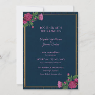 Invitation Mariage Fleurie Tartan Navy