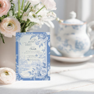 Invitation Mariage Fleurie Toile de Jouy Bleu Français
