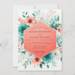 Invitation Mariage Fleurie Vibrante de Corail et de Sarcelle