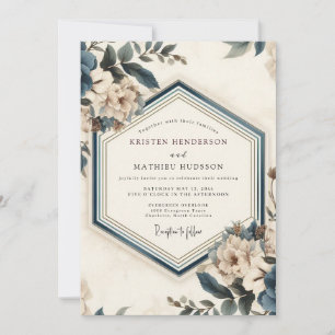 Invitation Mariage Fleurie Vintage Bleu Ardoise