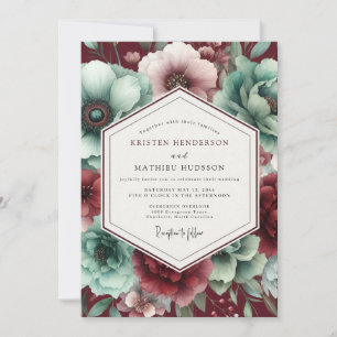 Invitation Mariage Fleurie Vintage Bourgogne & Sarcelle