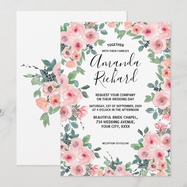 Invitation Mariage Fleuris Aquarelle Rose Tendre Magnifique (Devant / Derrière)