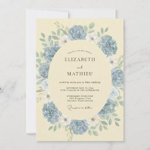 Invitation Mariage Fleuris Bleu Poussiéreux Doux
