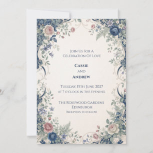 Invitation Mariage Fleuris Ornementaux Bleu Marine Rose