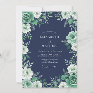 Invitation Mariage Fleuris Ornés Bleu Nuit