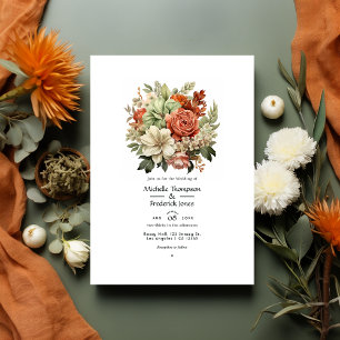 Invitation Mariage Fleuris Terracotta, Ivoire et Vert Sauge