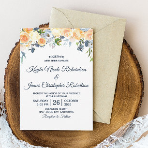 Invitation Mariage Fleuriste Aquarelle Bleu Nuit Corail