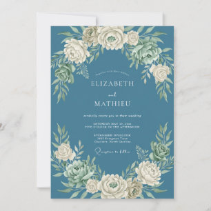 Invitation Mariage Fleuriste Crème Bleu Poussiéreux
