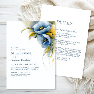 Invitation Mariage Fleurs Bleues et Jaunes Tout en Un